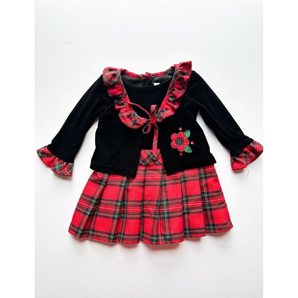 Youngland Girls Plaid Velvet Dress with Cardigan 2 Piece Set 12 Months Red Black